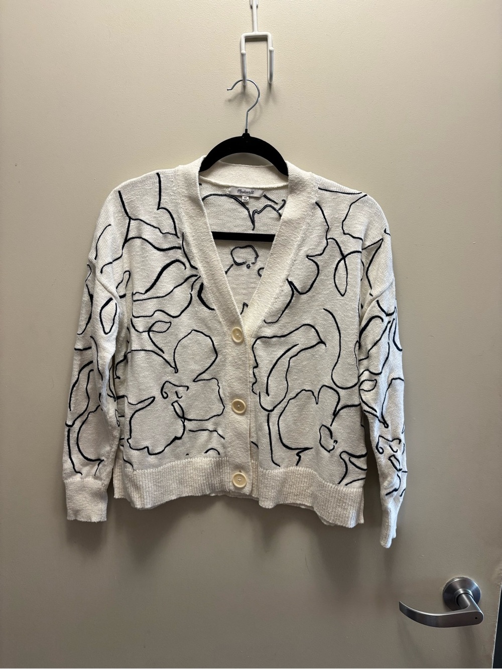 Madewell 100% cotton White Cardigan with Black Floral Outline